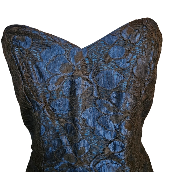 Vintage ILGWU cobalt blue strapless evening gown dress asymmetrical black lace 6 - Picture 11 of 17